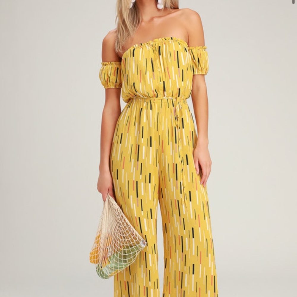 Lulus Yellow Print Off the Shoulder Jumpsuit NWT
